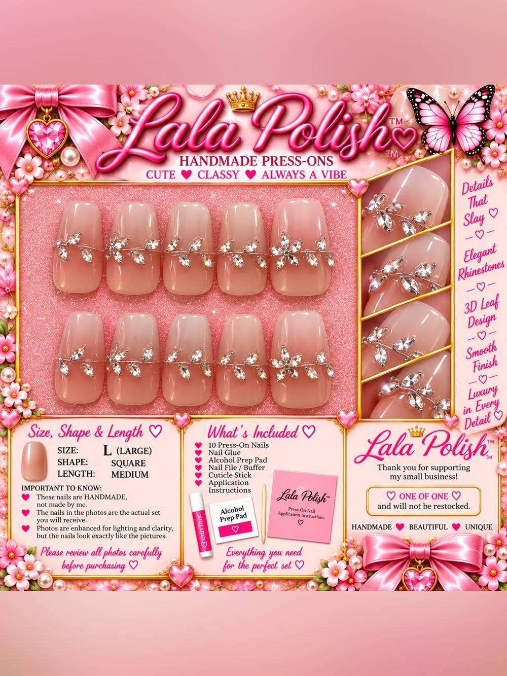 #12 Pink Rhinestone Handmade Press-On Nails
